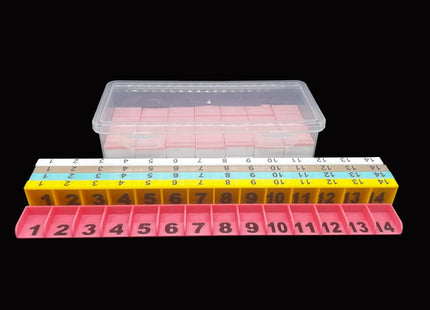 mahjong tiles set in a container with five colorful player game stands in front