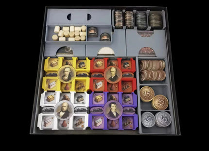 Brass Birmingham game organizer, multiple-color variant opened and showing all the game components inside the game box.