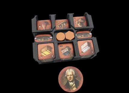 Brass token organizers for red player, opened without cover