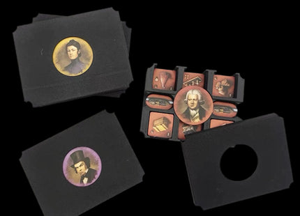 Black Brass token organizers - red player opened and yellow & purple lead closed